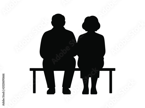 Elderly Couple Sitting on Bench Silhouette Vector Illustration