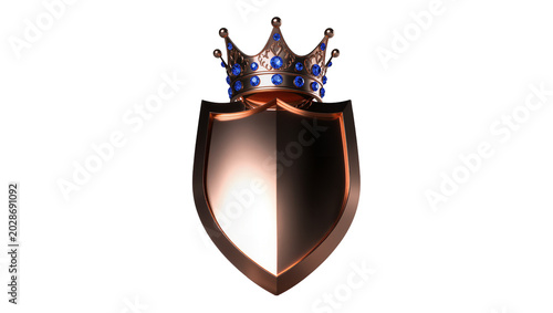 Obraz na płótnie Ornate royal crown with blue gems atop a polished bronze shield, isolated on tra