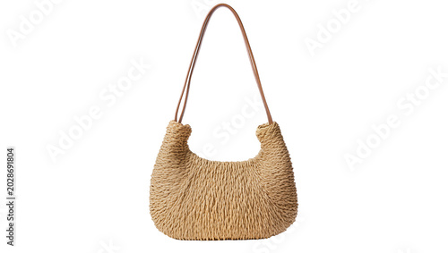 Woven straw hobo bag with leather strap, isolated on transparent background