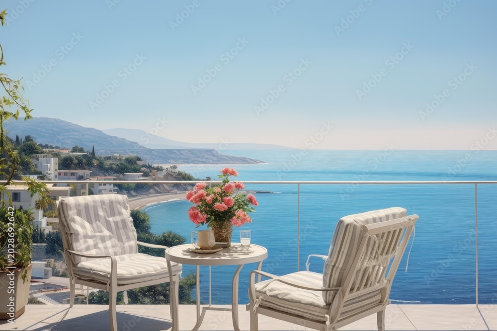 Fototapeta premium Balcony terrace offering a serene coastal view with furniture and flowers