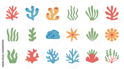 Colorful coral reef illustrations with seaweed and starfish on a white background