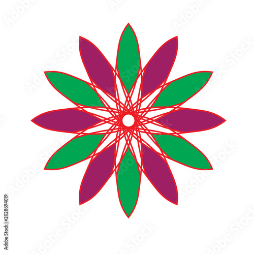 symmetry art with sacred geometry inspiration to create a floral emblem and ornamental bloom The design expresses radiant petal orbit harmonious floral motion orbital balance and kaleidoscope inspired