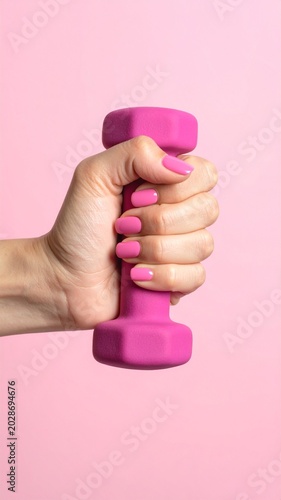 Female hand with pink manicure holding a pink dumbbell on a pink background