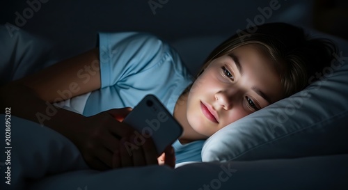 Young Woman Looking at Smartphone While Lying in Bed at Night