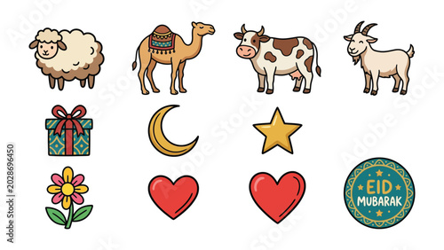 Photos Eid Celebration Icons: A collection of festive icons for Eid al-Adha, featuring farm animals, gift box, crescent moon, star, flower, heart, and a congratulatory seal