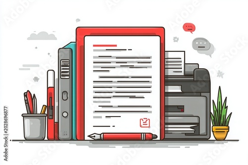 Office document printing and paperwork organization with pens