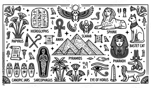 Photos Vector set of Egyptian doodle icons featuring pyramids, sphinx, pharaoh, mummy sarcophagus, scarab beetle, ankh, eye of horus, and bastet cat, perfect for historic history and mythology designs