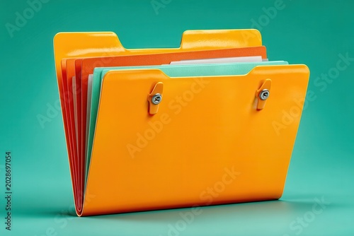 Orange file folder with colorful documents on teal background
