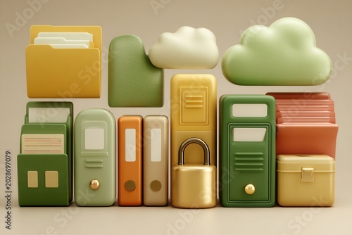 Organized digital data storage with cloud and security symbols