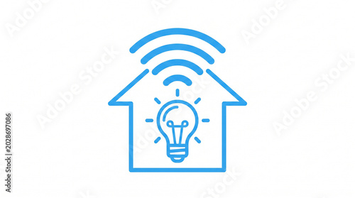 Smart home automation icon with glowing wifi and lightbulb in minimalist house outline