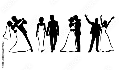 Fotografía Bride and groom silhouette vector illustration wedding dance isolated on white
