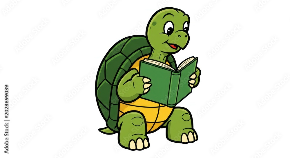Obraz premium A cartoon turtle reads a green book while sitting outdoors happily.