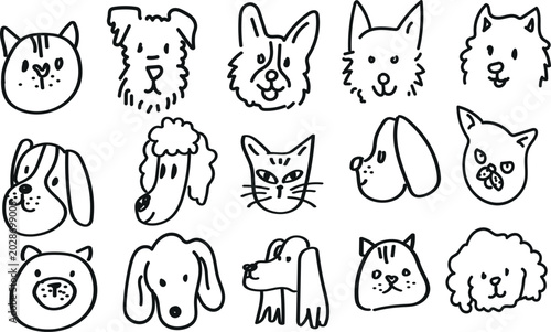 Vászonkép Cute Hand Drawn Dog and Cat Face Doodle Icon Collection