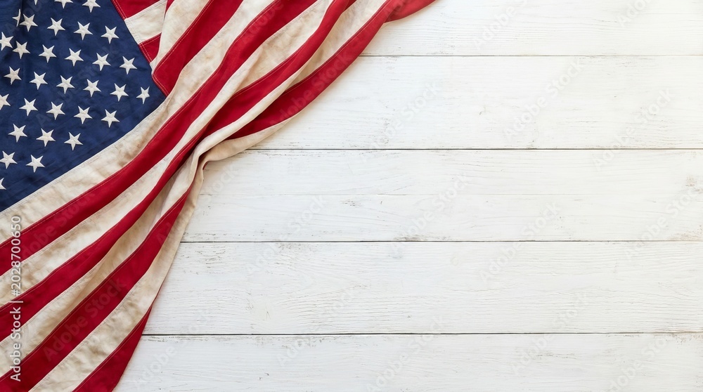 Obraz premium American flag draped elegantly over a rustic white wooden surface background