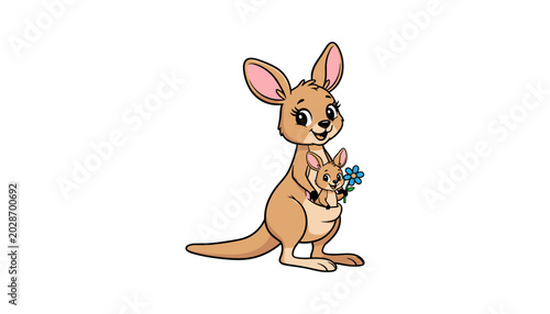 Bild auf Leinwand Kangaroo holding joey with flowers, cute illustration