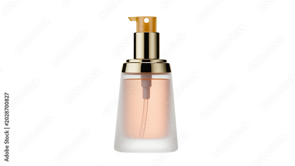 Naklejka premium Frosted glass perfume bottle with gold pump dispenser, isolated on transparent background