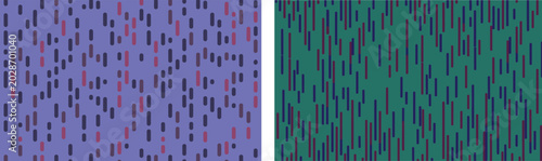 Set of two abstract seamless geometric pattern vector illustrations featuring colorful vertical rounded dashes and lines on solid backgrounds