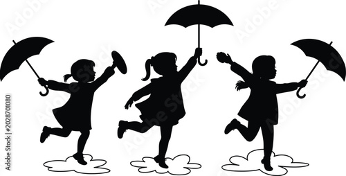 Silhouette of playful children jumping in puddles and holding umbrellas during rainy weather for joyful vector illustration