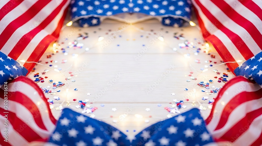 Obraz premium Decorative American Flag Themed Cake Topper With Confetti And Fairy Lights
