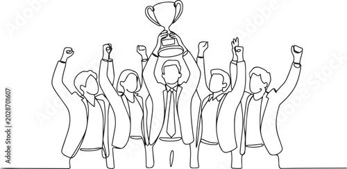 Quadro em tela A group of businesspeople celebrating with a trophy in a line drawing style