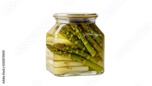 Foto Green and white asparagus spears preserved in brine in a glass jar, isolated on