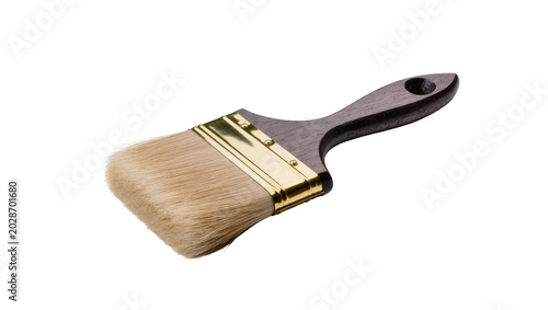 Canvas Print Wooden handle paintbrush with golden ferrule and natural bristles, isolated on t