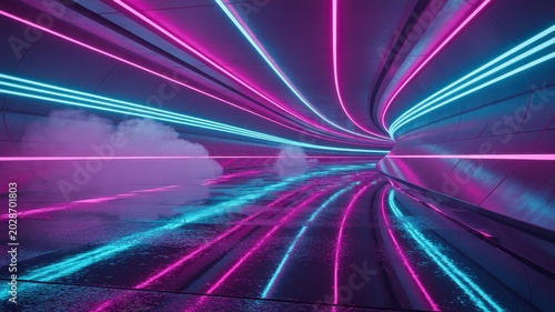 Futuristic neon tunnel with vibrant pink and blue lights creating a dynamic, glowing pathway in a modern, high-tech environment