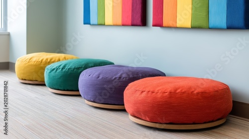 Colorful round floor cushions lined up against a wall with a modern, vibrant art piece above them on a carpeted floor.
