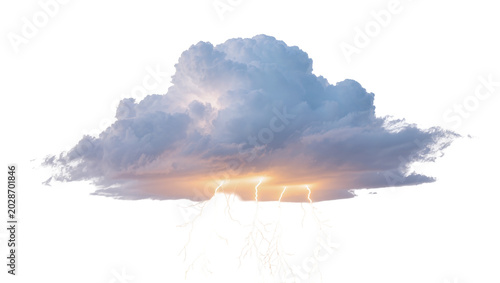 Bild auf Leinwand Dark stormy cumulonimbus cloud with bright lightning strikes, isolated on transp
