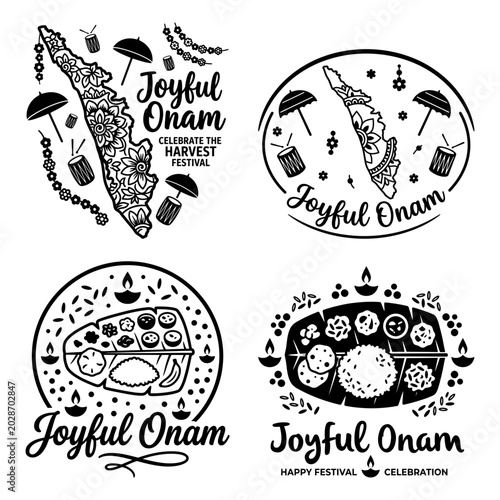 Fotografía Joyful Onam Kerala map boat and feast badge set
