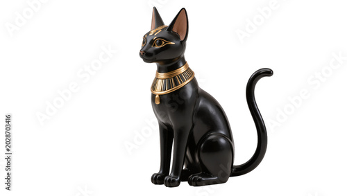 Bild auf Leinwand Black Egyptian Bastet cat statue with golden collar, isolated on transparent bac