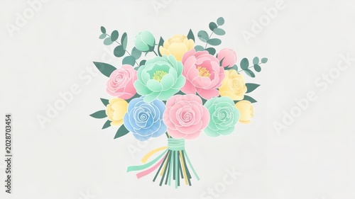 Colorful flower bouquet with pastel blooms and greenery on white background  