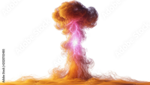 Fotografija Fiery orange and purple smoke explosion with lightning strike, isolated on trans