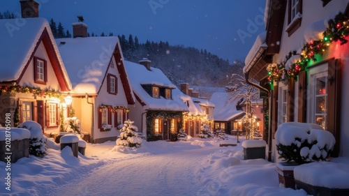 Cozy Snowy Village Street During Winter Night with Holiday Decorations and Warm Lights Illumination