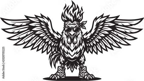 Tableau sur toile Rooster mascot with sunglasses and bandana standing with wings spread featuring