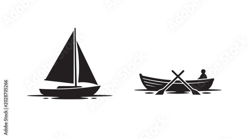 Bild auf Leinwand Sailboat and rowboat illustration with black silhouettes on water featuring silh