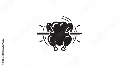 Chicken rotisserie logo with dynamic motion lines and stylized design featuring silhouette, food, poultry with cooking and roasted elements for