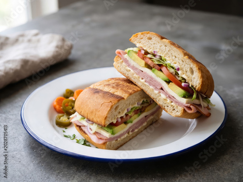 Authentic Mexican Ham Torta Sandwich Cut in Half on White Plate, Layered with Avocado, Cheese, Tomato, Red Onion and Pickled Jalapeños