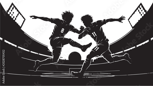 Photos Soccer players silhouettes colliding mid-action in stadium with dynamic sprint a