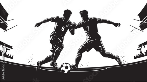 Valokuva Soccer players battling for ball in dramatic black and white sports poster silho