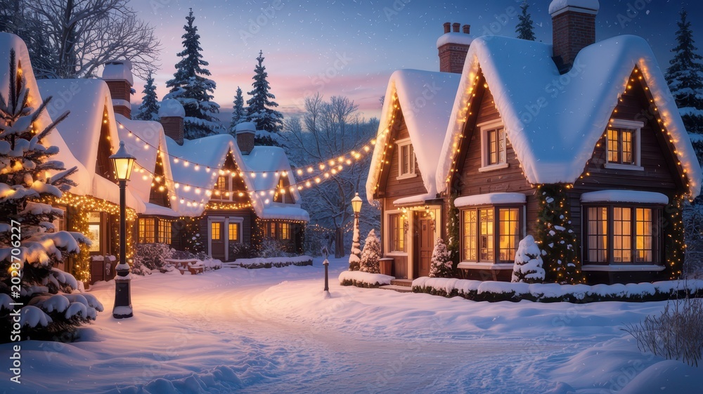 Fototapeta premium Snow-covered village with cozy cottages decorated with string lights and surrounded by trees during winter evening