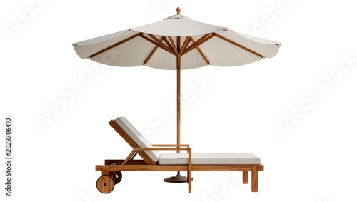 Bild auf Leinwand Wooden chaise lounge with white cushion and umbrella, isolated on transparent ba