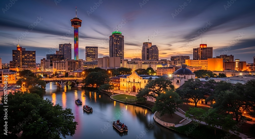 Fototapeta premium Colorful San Antonio Skyline Glowing at Dusk Along River Walk