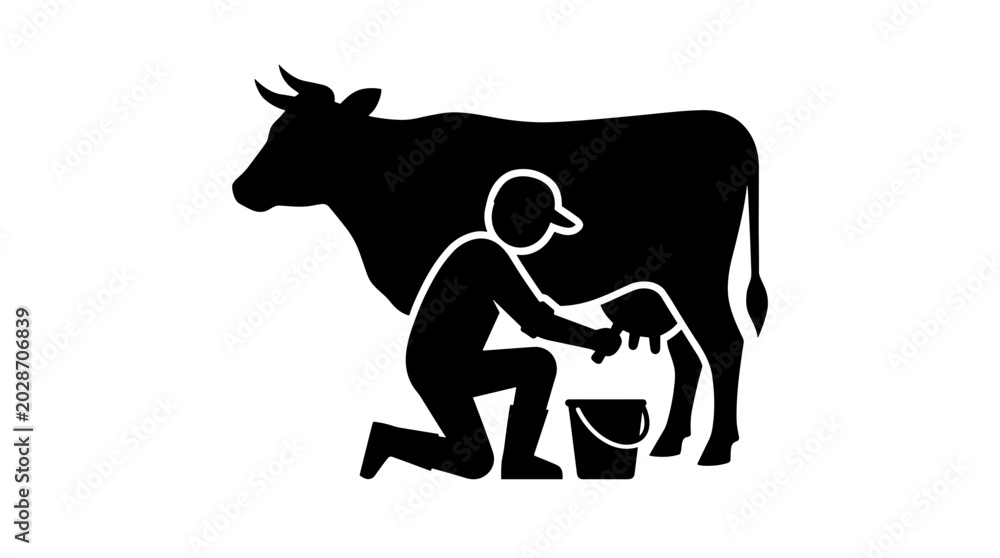 Fototapeta premium A black silhouette icon showing a farmer kneeling to milk a cow into a bucket.
