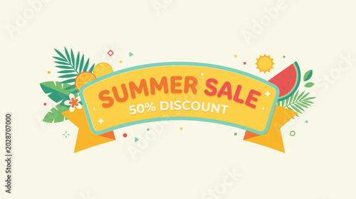 Foto Vibrant summer sale advertisement with colorful leaves and fruits displayed prom