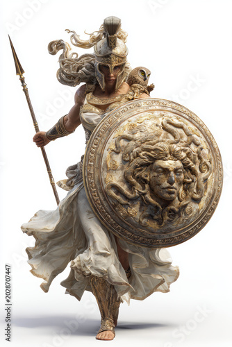 Greek mythology god Athena. Fantasy. A detailed, realistic depiction of a warrior in a dynamic pose. The warrior wears a golden helmet with intricate designs, a flowing white dress, and golden armor.