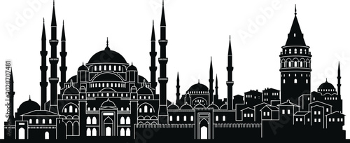 Fotografía Istanbul, skyline, silhouette, turkey, city, landmark, blue, mosque, galata, tow