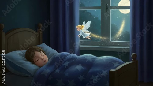 Young child sleeping peacefully in bed with fairy by window  