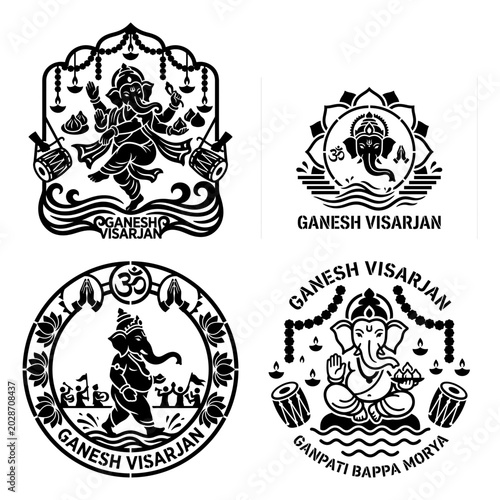 Tableau sur toile Ganesh Visarjan round badge collection with mantra