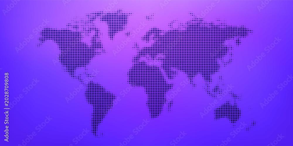 Fototapeta premium Purple glowing dotted world map concept. Abstract neon dot globe worldmap for poster, banner, brochure, booklet, presentation. Halftone continent infographics wallpaper. Vector illustration